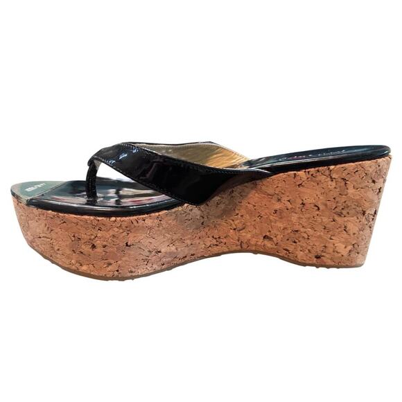 Auth Jimmy Choo Black Patent Leather Cork Wedge Sandals Size 39.5 - Picture 6 of 8